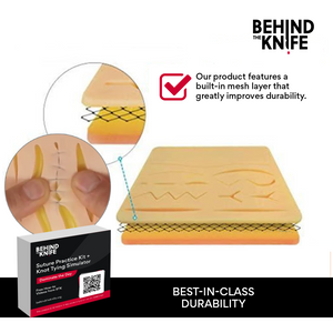 Behind the Knife Practice Kit with How-To Videos for Left and Right-Handed learners. Includes Pre-Cut Suture Pad, Surgical Instruments, Suture Material, and Multi-Function Knot-Tying Practice Board