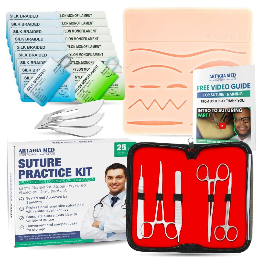 Professional Suture Kit for Suture Training with Large Silicone Suture Pad & Tool Kit - 25-Pieces