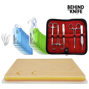 Behind the Knife Practice Kit with How-To Videos for Left and Right-Handed learners. Includes Pre-Cut Suture Pad, Surgical Instruments, Suture Material, and Multi-Function Knot-Tying Practice Board